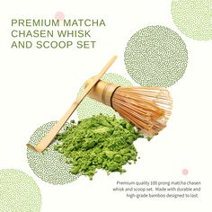 matcha powder and bamboo whisk set on white background with green polka dots