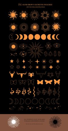 an orange and black poster with the sun, moon and stars in different shapes on it