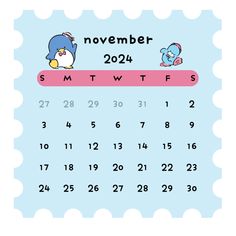 a calendar for november and december with cartoon animals on the front, in pink and blue