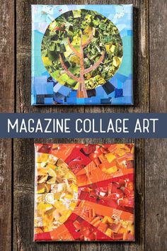 two pictures with the words magazine collage art on them and an image of a tree