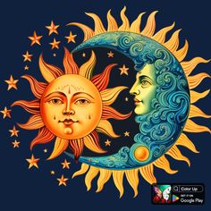 two sun and moon faces with stars in the background