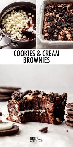 cookies and cream brownies in a pan with oreos on the side next to them