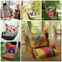 the collage shows many different types of swings and chairs, including one in a hammock