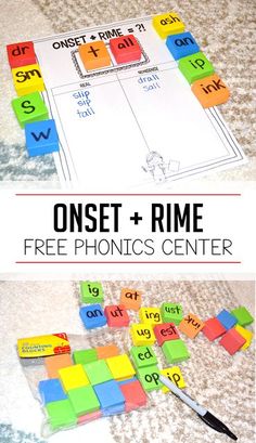 a close up of two photos with the words on set and rime free phonics center