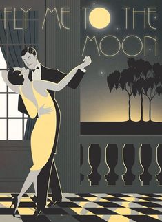 a man and woman dancing in front of a window with the words tell me to the moon