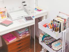 two pictures of the same desk with various items on it and in front of them