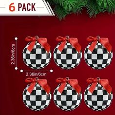 six christmas ornaments with bows on them are shown in red, white and black checkerboard