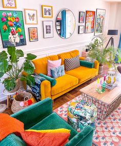 a living room filled with lots of colorful furniture