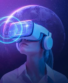 a woman with headphones on looking up at the sky while wearing a virtual reality headset