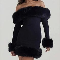 Discover Unmatched Elegance Introducing our latest addition to the world of high fashion - the Elegant Off-Shoulder Fur-Trimmed Bodycon Mini Dress from our Autumn 2023 Collection. Designed for the modern woman who adores sophistication with a hint of daring, this dress is a perfect blend of style and comfort. Crafted for those special evenings and upscale parties, it promises to make you the center of attention wherever you go. Product Features Our dress boasts an array of features that set it a Off Shoulder Fur Dress, Fur Dresses For Women, Black Dress With Fur, Fur Trim Dress, Fur Dresses, Fur Decoration, Fur Dress, Fur Decor, Off Shoulder Fashion