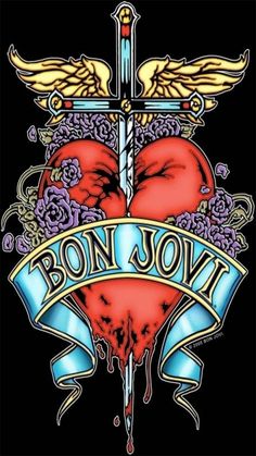 a heart with wings on it and the words bon jovi written in blue ink