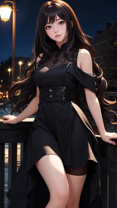 a woman with long black hair posing on a balcony at night wearing a dress and high heels