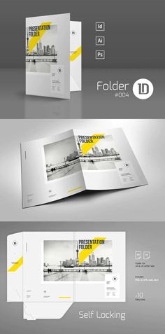 an open brochure with yellow lines on the front and back cover, in grey tones