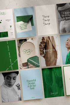 many green and white brochures are arranged on a wall with the same color