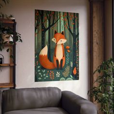 a painting on the wall of a living room with a couch and potted plant