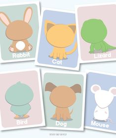 four different animal cards with the words rabbit, cat, bird and mouse on them