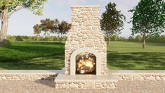 an outdoor fireplace in the middle of a stone wall with grass and trees behind it