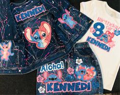 Girls Outfit Birthday Outfit Custom Denim Set Any Party Theme Outfit Jacket Shirt & Skirt - Etsy Lilo And Stitch Birthday Outfit, Stitch Birthday Outfit, Lilo And Stitch Outfits, Stitch Birthday, Matching Outfits Best Friend, Denim Set, Outfit Birthday, Custom Denim, Jacket Shirt