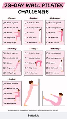 the 25 day wall pilates challenge is shown in pink and white, with instructions for