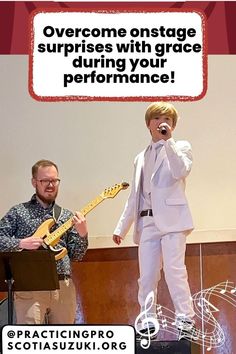 two men in white suits are singing and playing guitars with the caption overcome on stage surprises with grace during your performance