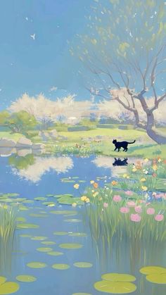 a painting of a black dog walking across a pond