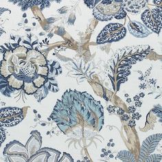 a blue and white wallpaper with birds, flowers and leaves on the back ground