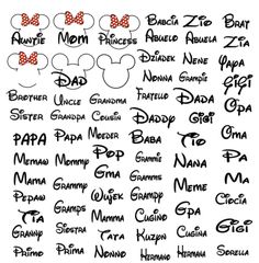 some disney characters with their names in different colors and font on the back of them