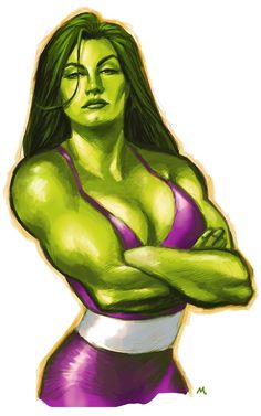 a drawing of a woman with green hair and no shirt on, posing for the camera