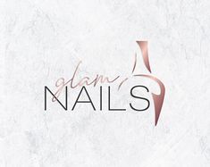 the logo for glam nails is shown on a white marble background with gold lettering