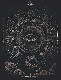 an all seeing eye surrounded by stars and clouds