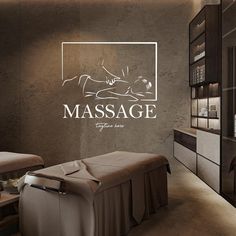 a massage room with a large wall decal