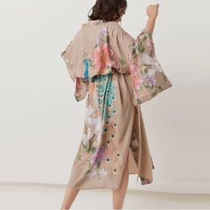 Gorgeous Women’s Kimono New With Tags Peacock Beautiful Pattern Self Tie At Waist Vented Arm Hole Great For An Overlay Duster, Robe, Swimwear Cover-Up Boho Style Large Multi Color Casual Beige Summer Kimono, Beige Kimono For Spring Vacation, Beige Kimono For Vacation In Spring, Spring Beach Kimono In Beige, Spring Beach Beige Kimono, Beige Spring Kimono, Free Spirited Woman, Maxi Kimono, Bohemian Kimono