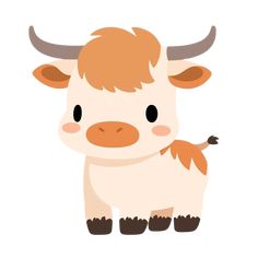 a brown and white cow with long horns Cute Highland Cow Drawing, Cow Free Printable, Highland Cow Painting Easy, Cute Cow Illustration, Highland Cow Cartoon, Cow Cartoon Images, Cartoon Cows, Highland Cow Pictures, Fun Clipart