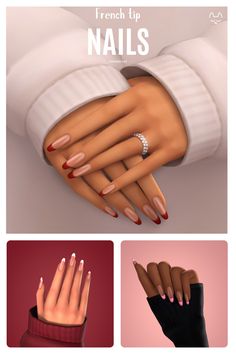 french tip nails with red and white nail polishes on their fingers, in three different angles