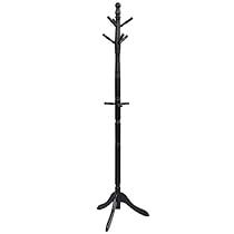 a black coat rack with three coats hanging from it's sides and two hooks on each side