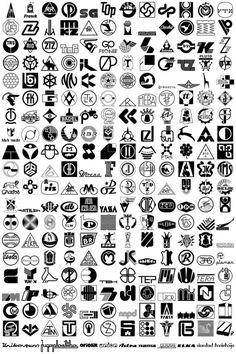 a poster with various logos and symbols on it's back side, all in black and white