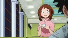 an anime character holding a cup in her hand and looking at another person's face