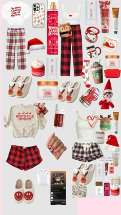 a collage of various items including shoes, clothing and other things in red and white