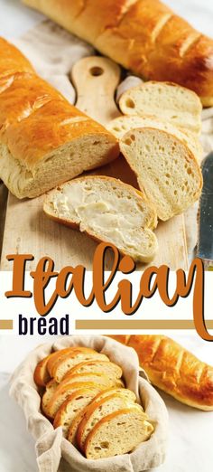 bread and baguettes on a cutting board with text overlay that reads trailly bread