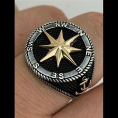 Gorgeous Men's Sailors Compass Ring Perfect Size Ring...Large & Noticeable About 22mm By 22mm Solid 925 Sterling Silver Nice Two-Tone Style With Contrast Between White And Oxidized Silver And 14k Yellow Gold Stamped 925 Will Never Tarnish Or Turn Your Hand Green! We Have All Sizes 7-13 So You Can Wear On Pinky Or Any Finger Ring Is 8-9 Grams Depending On Size! Very Nice And Heavy Feel Black Compass Design Jewelry, Black Compass Design Jewelry Gift, Compass Ring, Timeless Ring, Mens Leather Bracelet, Square Rings, Mens Accessories Jewelry, Oxidized Silver, Selling Jewelry