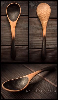 three different views of spoons with wood handles