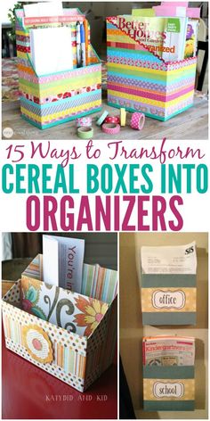 several different ways to transform cereal boxes into organizers