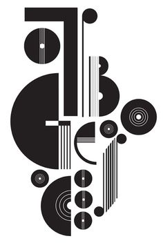 an abstract black and white poster with circles, lines, and shapes on it's side