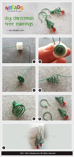 instructions to make christmas tree ornaments out of wire and cotton yarn, with pictures showing how they are made