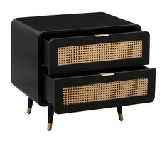 two black drawers with wicker inserts on each drawer and gold trim around the bottom