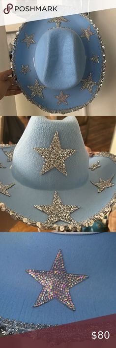 Baby Blue Rhinestone/Sequin Disco Cowgirl Hat Cowgirl Blue Aesthetic, Diy Disco Cowgirl Hat, Cowboy Hat Decorations Ideas Party, Rhinestone Cowboy Hat Diy, Hslot Cowboy Hat, Blue Disco Cowgirl, Denim And Rhinestones Party, Harry Styles Concert Outfit Blue, Cowgirl Hat Decoration