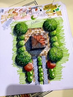 a drawing of a garden with trees, bushes and a fire pit in the center