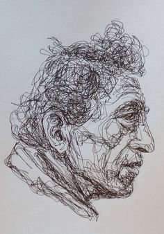 an ink drawing of a man's face with many lines on the forehead and shoulders