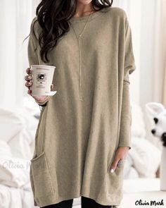 OliviaMark - Stylish Autumn Long Sleeve Casual Pocket T-shirt Maxi Dress Summer, Round Neck Shirt, Dresses Elegant, Loose Outfit, Solid Tops, Skirts With Pockets, Womens Fall, Long Sleeve Casual, V Neck Tops