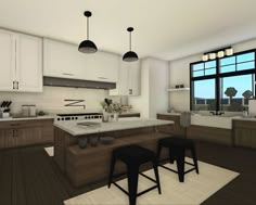 an artist's rendering of a kitchen with stools and counter tops in front of a large window